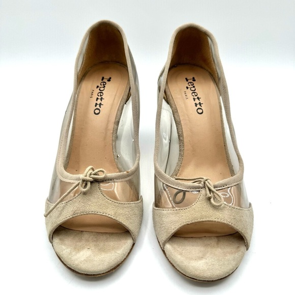 REPETTTO CLEAR SUEDE HEEL SHOE TAN NEUTRAL OPEN TOE  HEELS MADE IN PARIS 37.5 - Picture 4 of 12